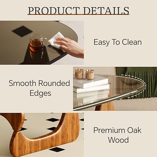 Miniatura 7 de Mesa de centro para sala de estar, mesa central moderna de mediados de siglo con tapa de vidrio y madera, transparentenogal