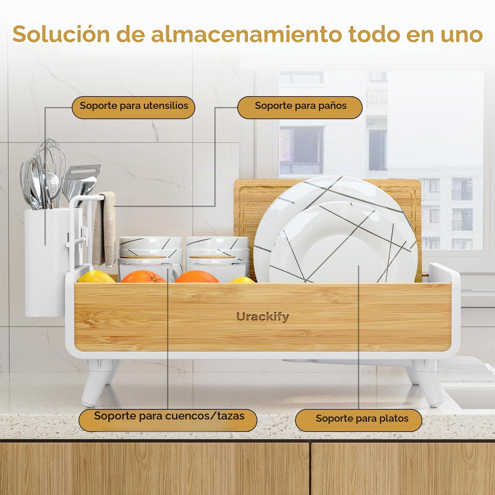 Urackify Escurridor de Platos, Bambú | Acero Inoxidable y Bambú, Soporte Utensilios Extraíble, para Encimera de Cocina