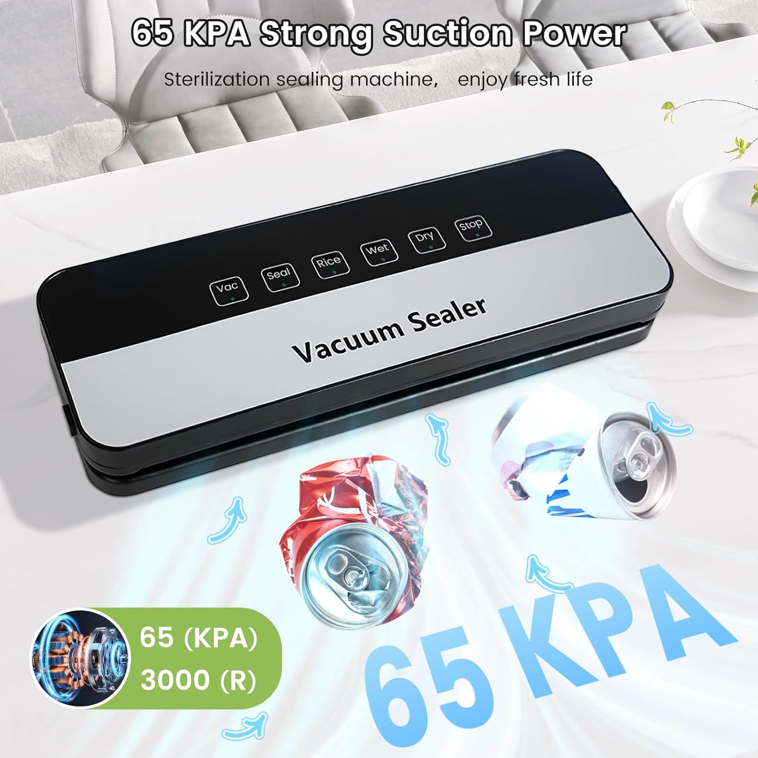 Vacuum Sealer Machine 75KPa Food with 6-in-1 Dry/Moist Modes &, Compact Lightweight Design, With 20 Bags (Black) - Image 5