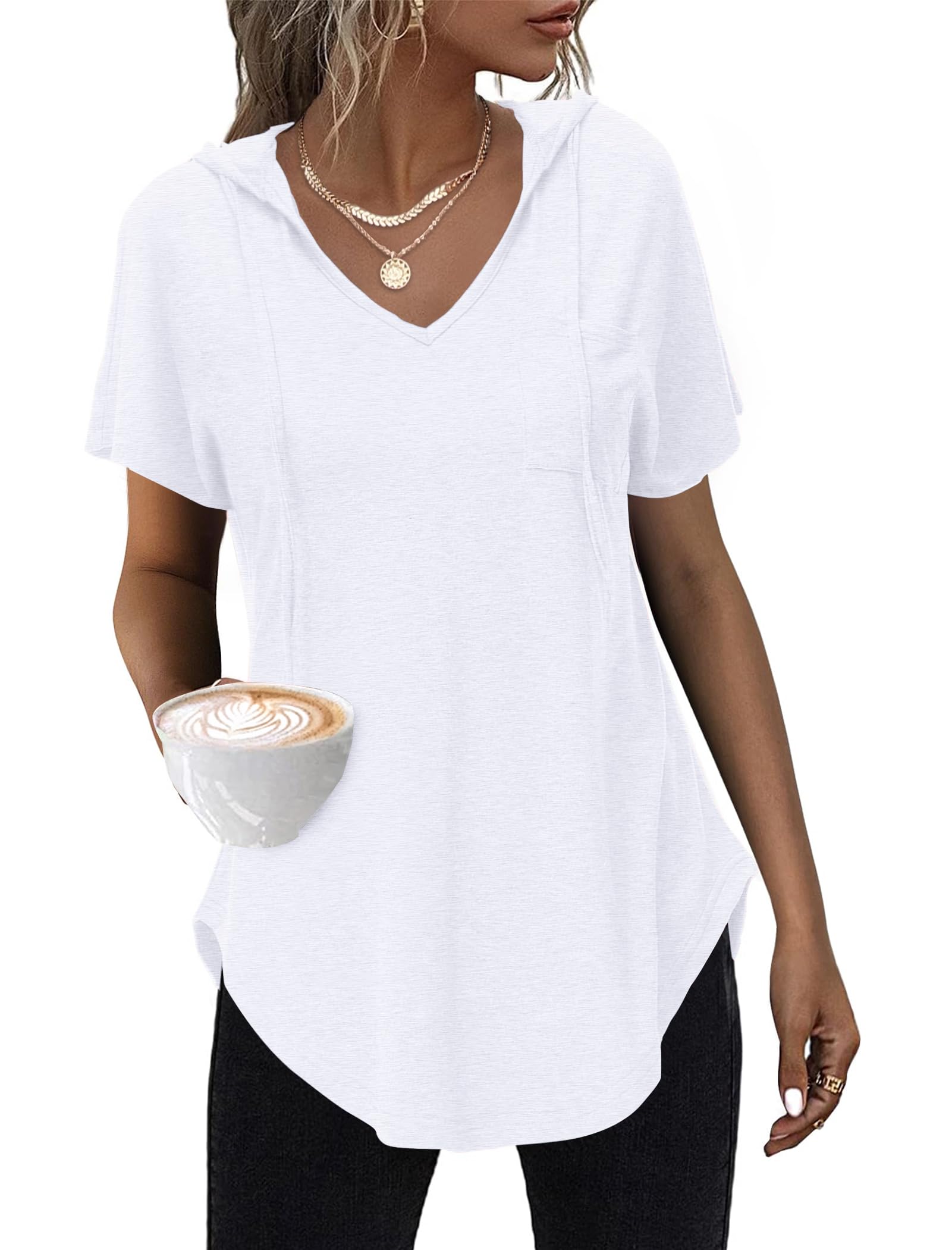 WNEEDU Hoodie Damen Sommer Kurzarm Kapuzenpullover T Shirt V Ausschnitt | Oberteile Damen Sommer Top mit Kordelzug Brusttasche Tshirt mit Kapuze Locker Lässige Casual