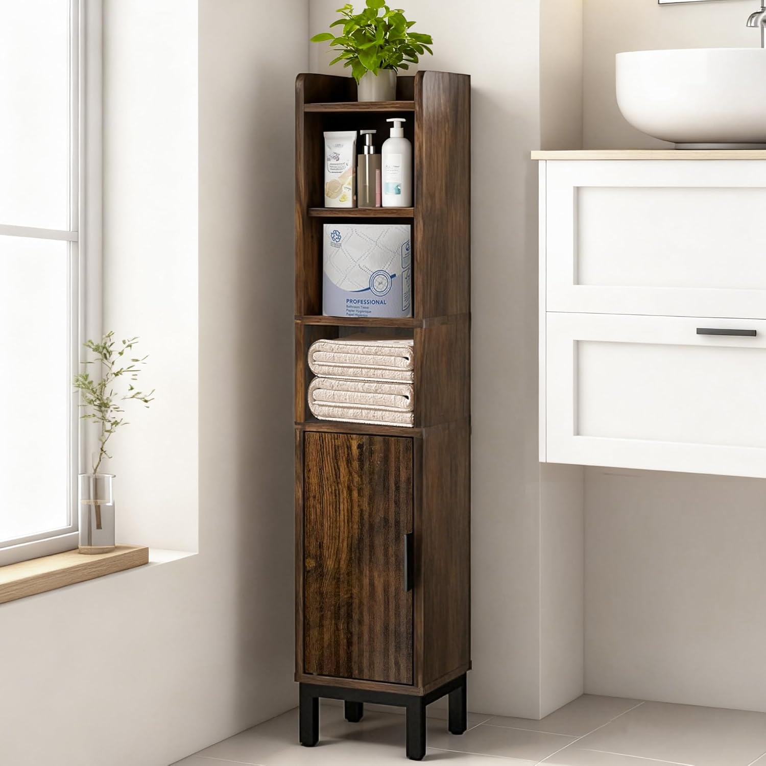 Narrow Bathroom Storage Cabinet, Corner Toilet Paper Floor Cabinet 5 Tiers with Door and Shelves,Bathroom Organizer with Adjustable Shelf, for Small Spaces(Rustic Brown) - Image 8