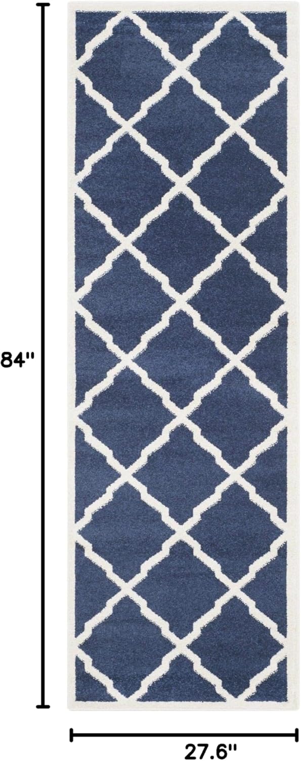 Navy and Beige Geometric Cotton Runner Rug