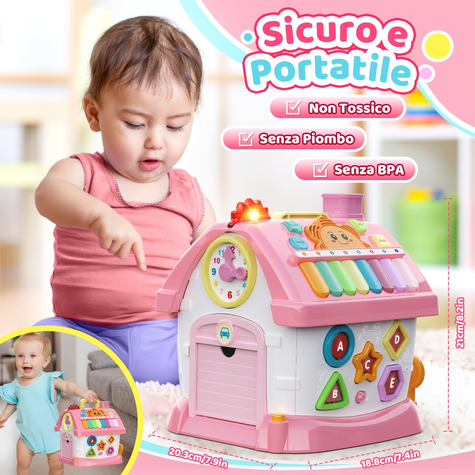 Giochi Montessori 1 Anno: 6 in 1 Giocattoli Bambini Multi-Attività con Musica/Orologio/Luci/Telefono/Auto, Gioco Bambino Educativo per 18 Mesi, Regalo Compleanno per Bambina 1 2 3 Anni (Rosa)