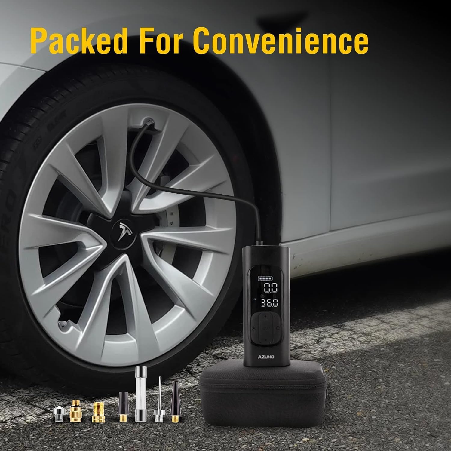 AZUNO Portable Tire Inflator and accessories packed in its case