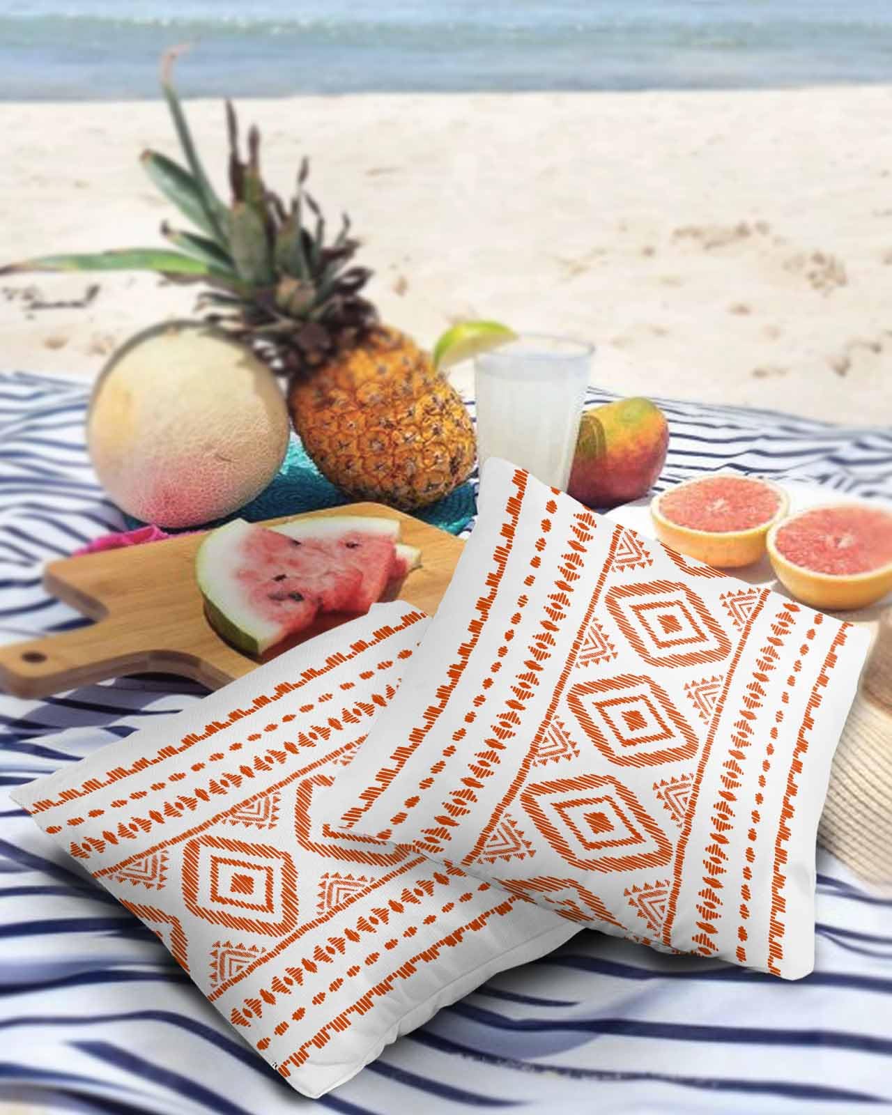 Orange Boho Outdoor Pillow Cover 20x20 Inch Cushion Sham Case,Waterproof Decorative Square Throw Pillowcase for Outside Garden Patio Porch Couch Chair Tent Modern Bohemian Farmhouse Geometric Stripes