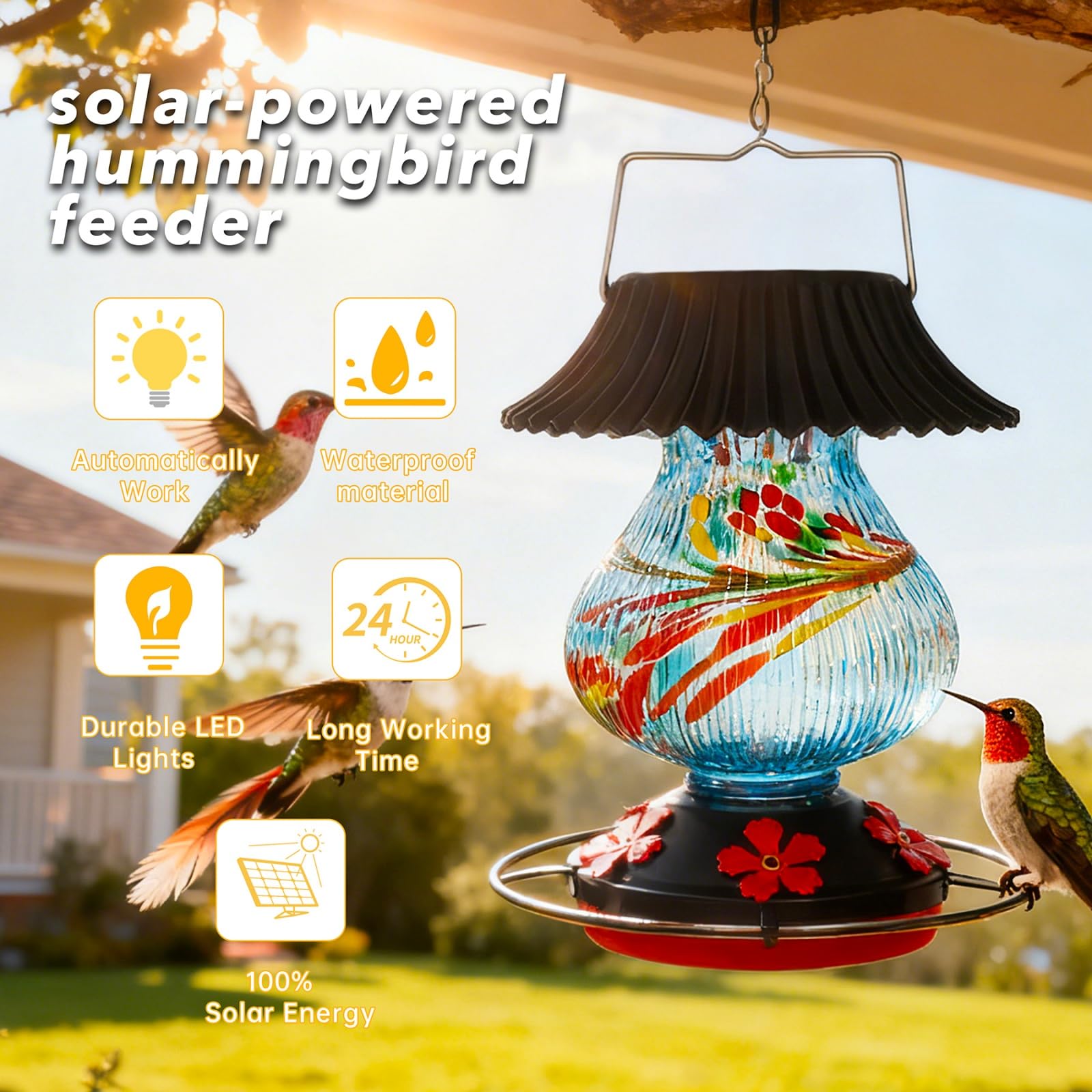 Solar-Kolibri-Futterspender aus Glas für den Außenbereich, 5 Futteröffnungen mit Sitzstange, auslaufsicher, perfekter mundgeblasener Glasfarbwechsel zum Aufhängen im Freien, Blau