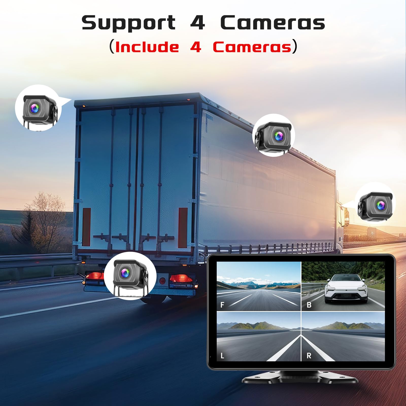Zestaw bezprzewodowej kamery cofania z monitorem IPS 10,1", kompatybilna z 4 kamerami 1080P / 720P, wspomaganie parkowania BSD, IP68, noktowizor, do ciężarówek, przyczep, samochodów kempingowych, 12 V