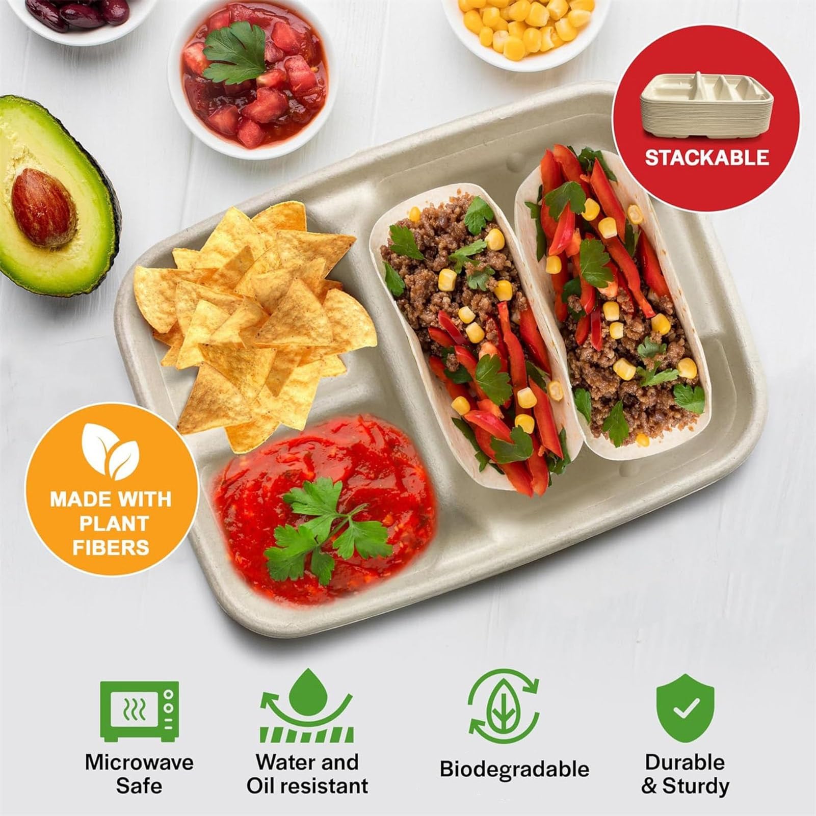 BOPIES Vassoi taco monouso compostabile fibra vegetale due scomparti | Vassoio anti-grasso microonde feste catering camion alimentare messicano(50pcs)