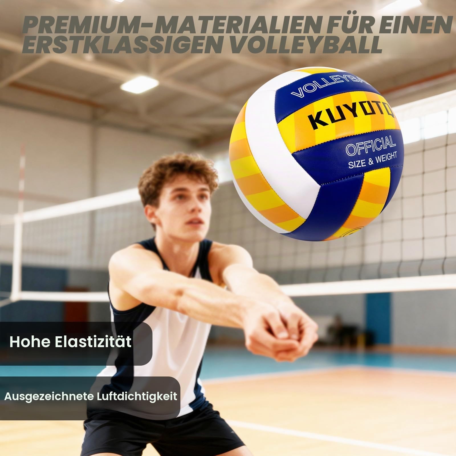 KUYOTQ Beachvolleyball - Strandvolleyball Offizielle Größe 5, mit Klassischen Streifen in Gelb, Blau & Weiß - Weiche 3mm Oberfläche für Indoor & Outdoor, Jugendliche und Erwachsene