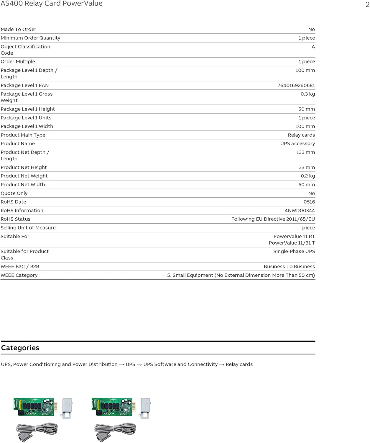 AS400 Relay Card PowerValue 11RT G2 Uninterruptible Power Supply UPS Accessories (4NWP100120R0001)