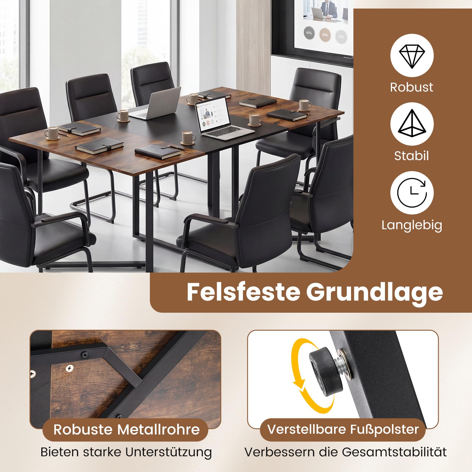 COSTWAY Großer Konferenztisch, rechteckiger Besprechungstisch mit Kabeldurchführung für 6-8 Personen, industrieller Seminartisch für Büro, Esszimmer, 180x100x76,5 cm (L x B x H) (Modell2)