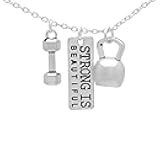 Art Attack Strong Is Beautiful Workout Gym Chain Necklace, Barbell Dumbbell Weight Exercise Victorious Brave Smart Wonderful Pendant Charm (Silver)