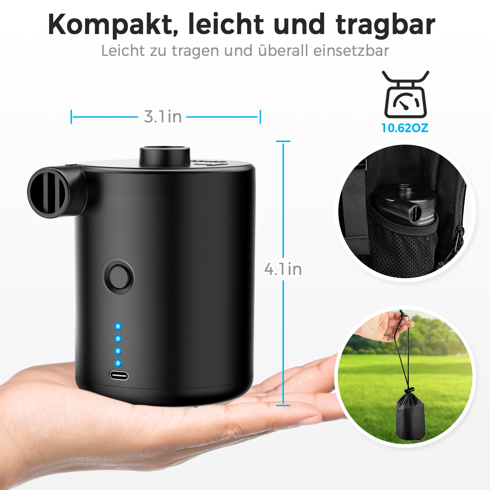 BOSONER Elektrische Luftpumpe mit Akku: 4000 mAh, wiederaufladbare Luftpumpe mit 3 Luftdüsen – schnelles Aufblasen für Schlauchboot, Kinderbecken, aufblasbare Matratze