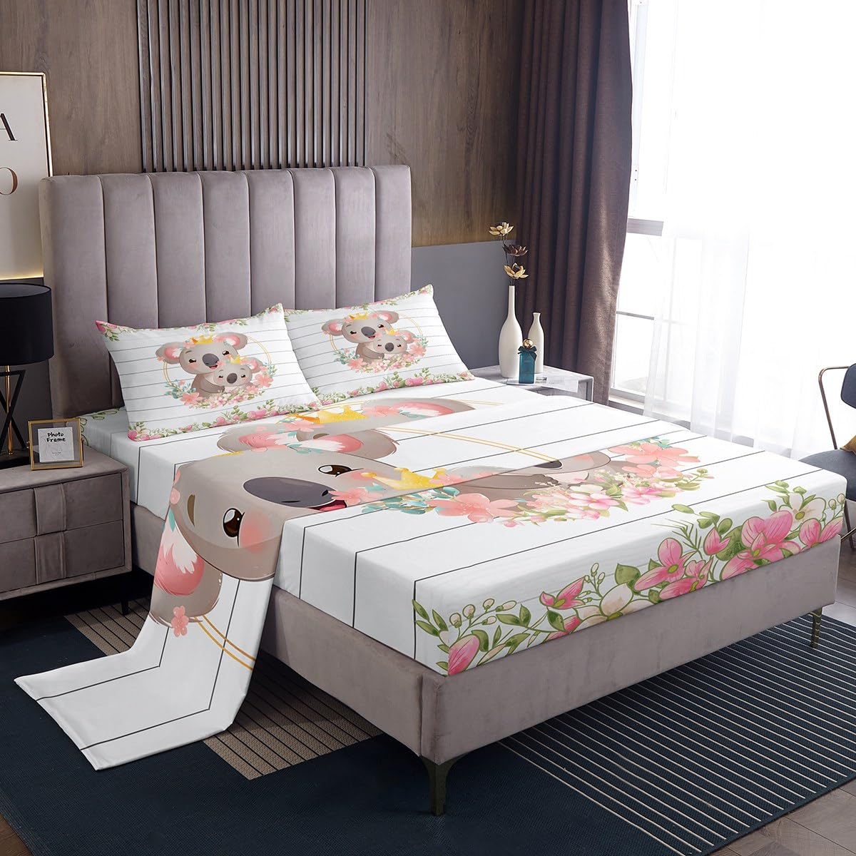 Cute Koala Sheet Set Koala Sheets with Deep Pocket Fitted Sheet for Kids Boys Girls Cartoon Koala Bed Sheets Set Pink Floral Kawaii Animal Bedding Set Blossom Floral Bed Set Full Size