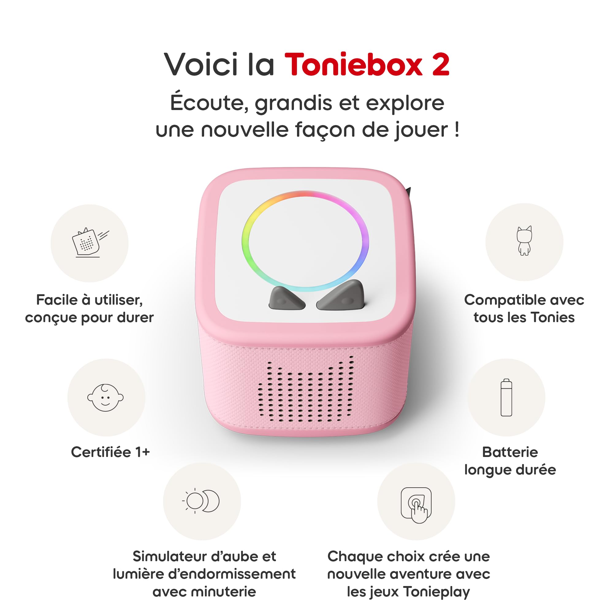 tonies Toniebox 2 Boite à Histoire pour Enfant, Musiques et Jeux 1 à 9 Ans, Ecoute, Apprends, Joue, Robuste & Facile à Utiliser, 1 Figurine Rubie, Rose Fleur - 2