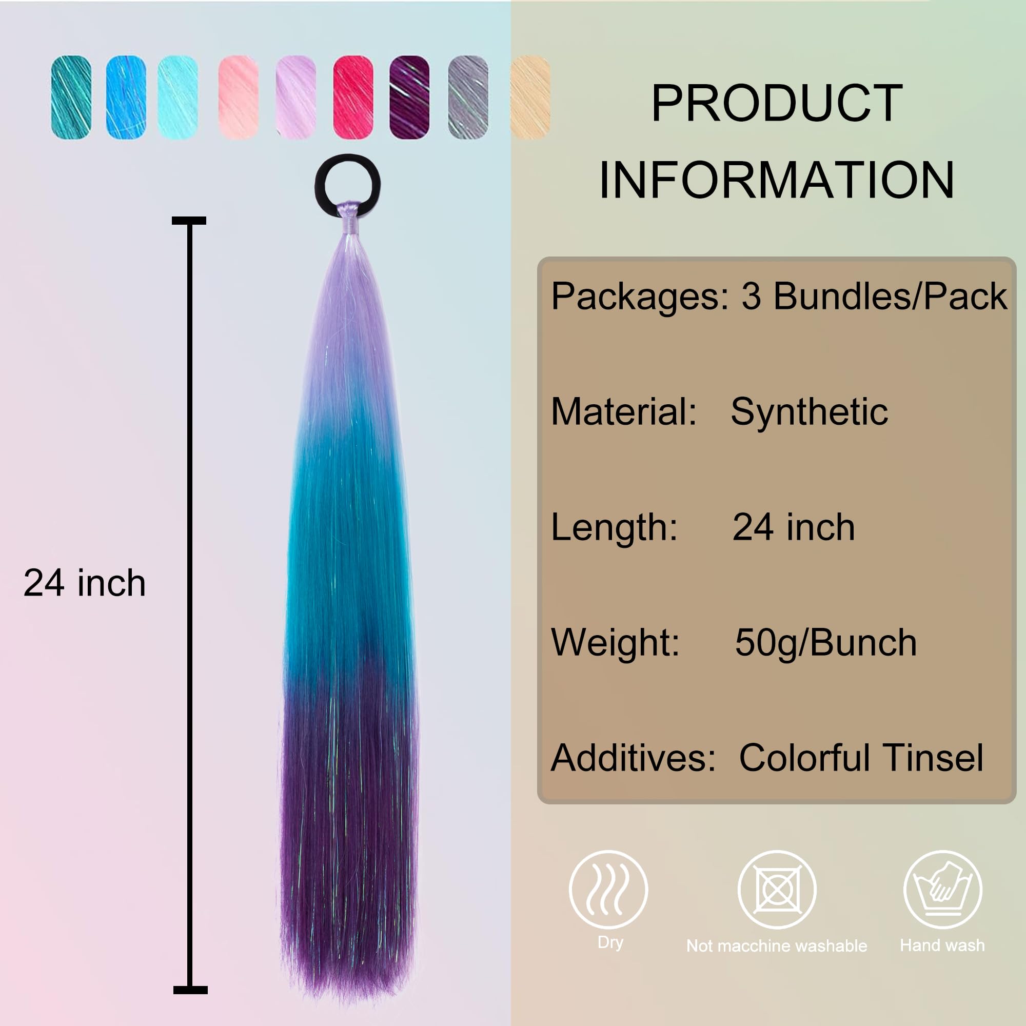 PORSMEER 3 Packs Ponytail Extension 24 inch Light Purple to Blue to Dark purple Colored Hair Extensions Glitter Tinsel Mixed for Braiding Ombre Pony Tail with Hair Tie Rave Crazy Hair Day - Image 3