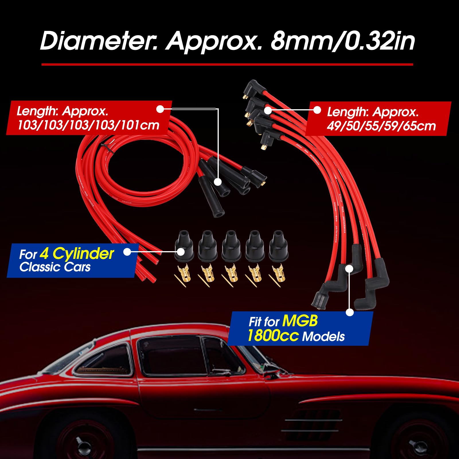 Ensemble de fils d'allumage de bougie d'allumage, fil d'allumage de voiture rouge 1m composants d'allumage de fil d'allumage de silicone pour 4 cylindres automobile 8mm
