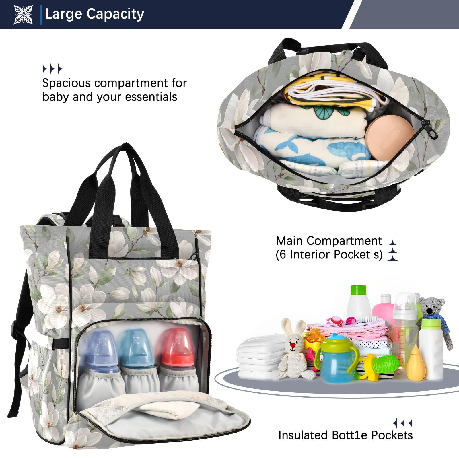 Mnsruu Bellissimo modello Gardenia borsa per pannolini per bambini, zaino grande borsa impermeabile da viaggio borse per pannolini per mamme e papà
