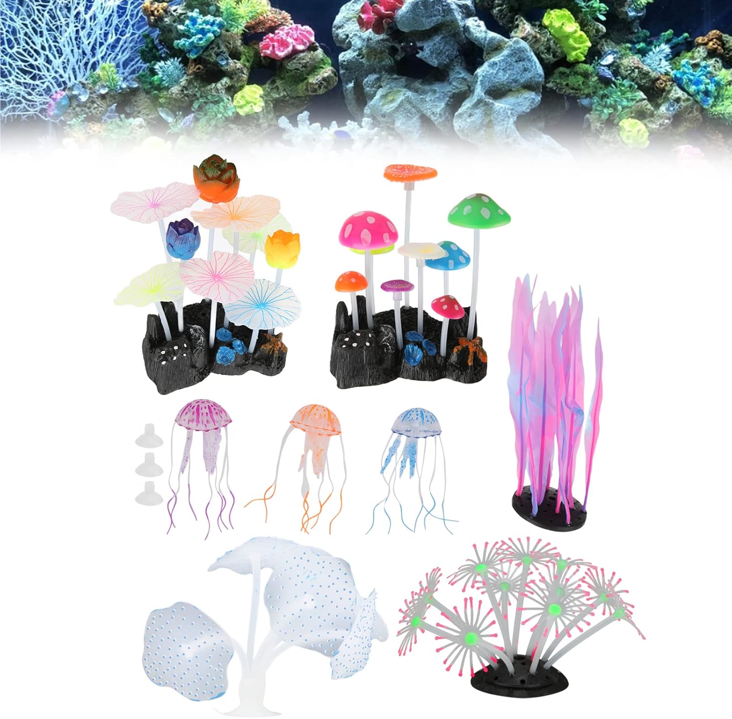 Silicone Aquarium Coral Decor Kit, Safe Non Fish Decorations, Vivid Colors, to Install with Suction Cups, Ideal for Fish, Includes 8 Work (of Art) of Coral,