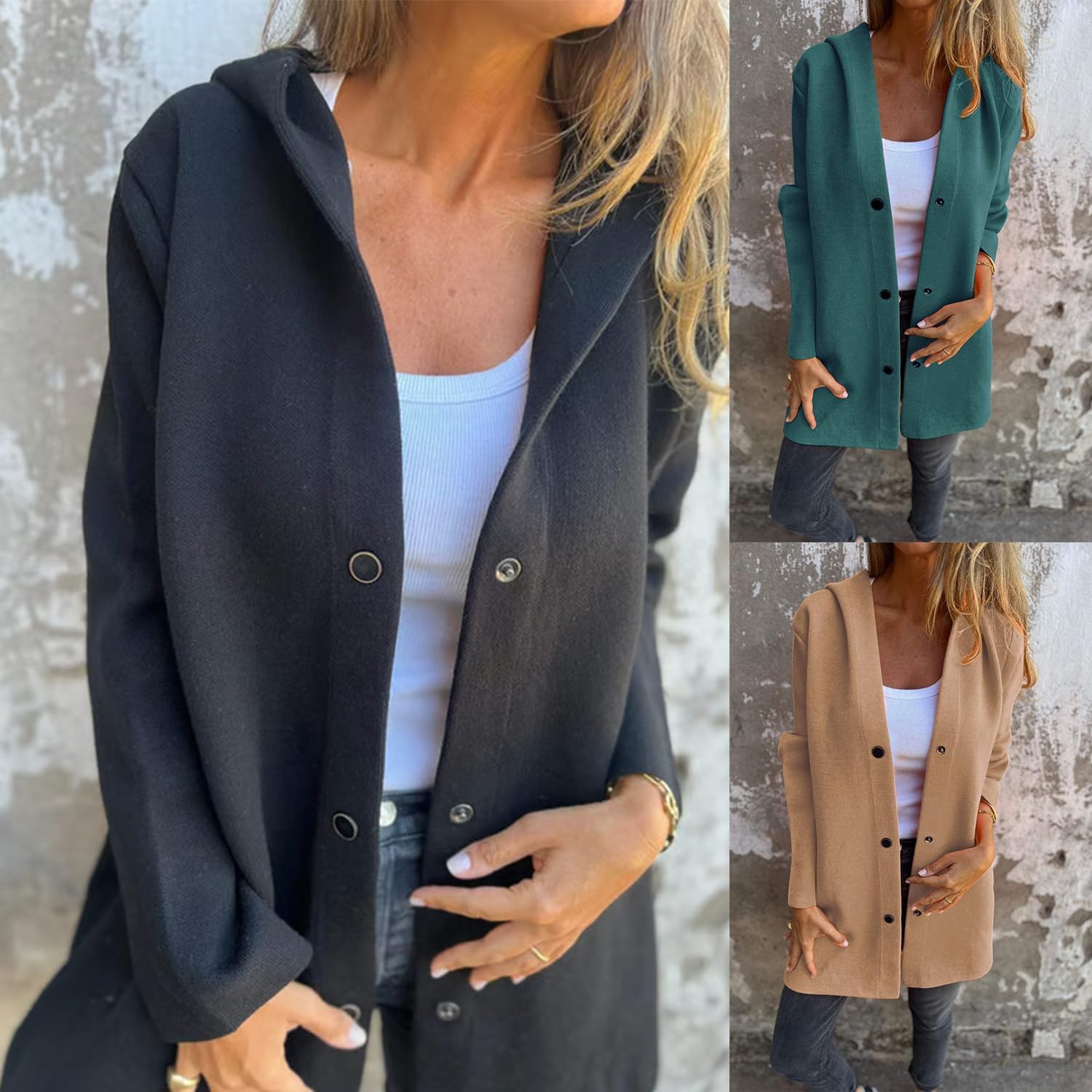 RJDJ Casual Single Breasted Hooded Jacket, Mid-Long Lightweight Long Sleeve Button Up Open Front Trench Coat with Pockets