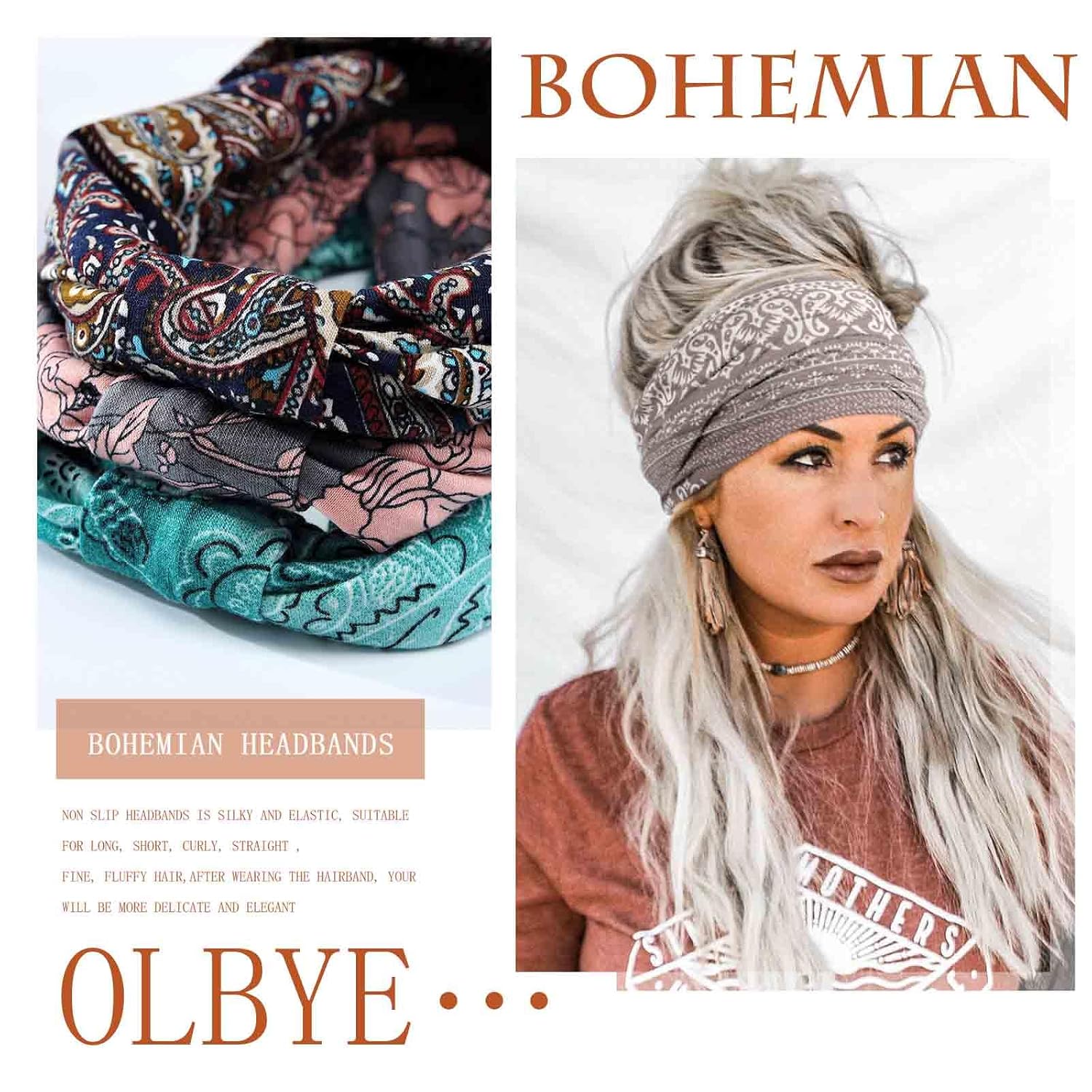 Olbye Wide Boho Headbands Knotted Turban Headband Floral Non Slip Elastic Hairbands African Workout Head Wraps Yoga Bohemian Head Scarf Fashion Hair Accessories for Women 6Pcs（B-Bohemian）