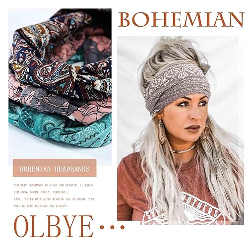Vista 27 de Olbye Diademas anchas para mujer, diadema bohemia anudada, bandas elásticas antideslizantes para el cabello, diademas florales africanas, bandas