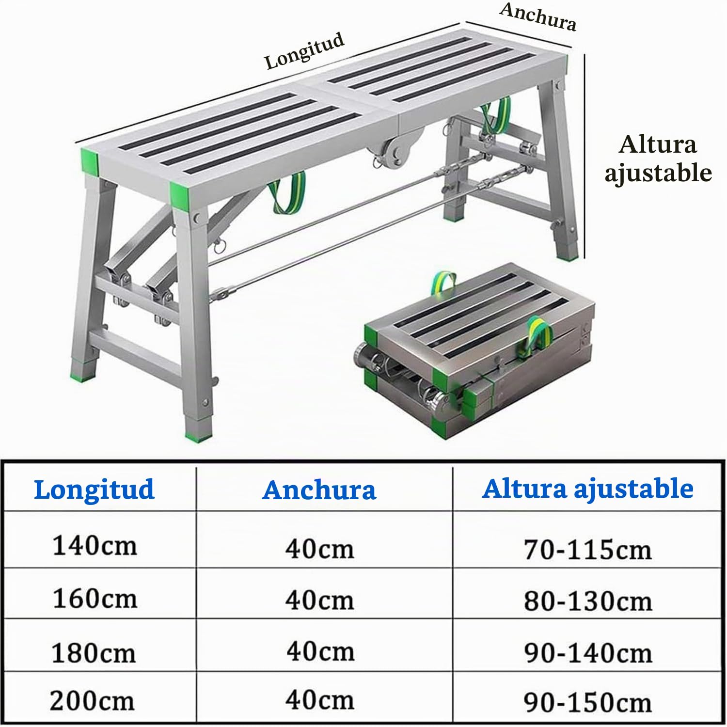 Plataforma Trabajo Plegable Portátil y Ajustable, Escalera Mano y Andamio de Acero, Carga Máxima 800 Libras, 200 * 40