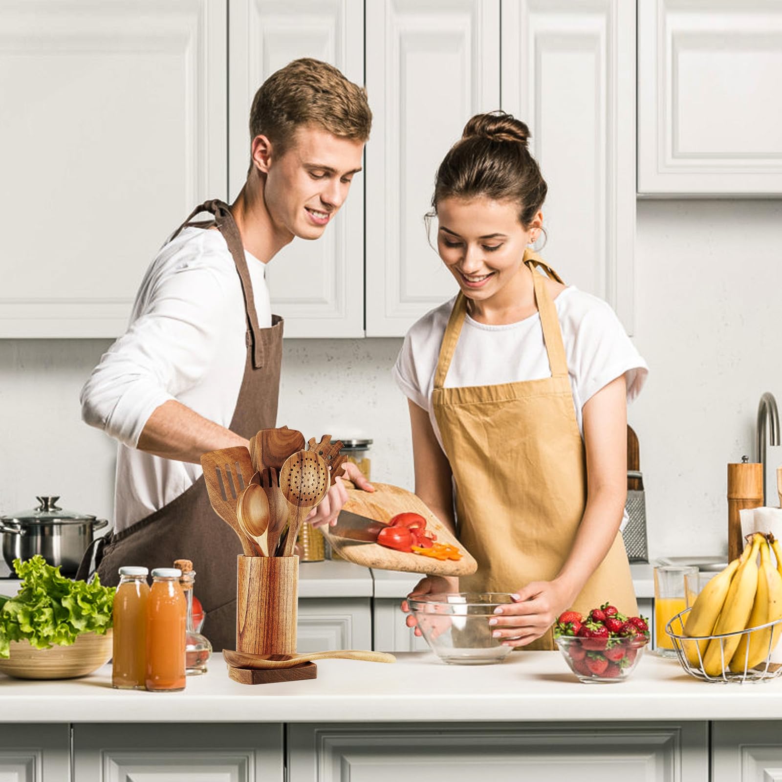 FJNATINH Holzlöffel zum Kochen, 10-teiliges Teakholz-Kochutensilien-Set mit Halter, Küchenutensilien-Set aus Holz für antihaftbeschichtete Pfannen und Kochgeschirr
