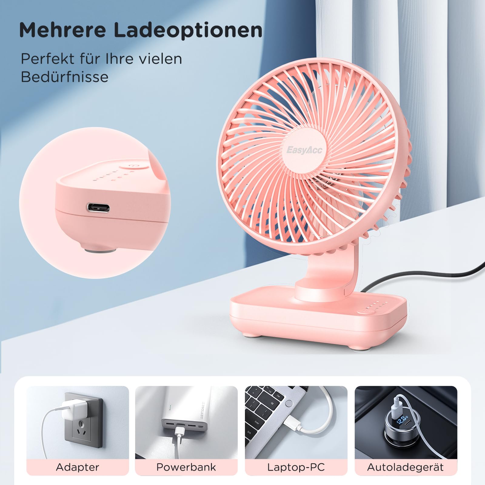 EasyAcc Tischventilator, 4000 Akku Batterie Klein USB Ventilator, Tragbarer Aufladbar Basis Ventilatoren mit 4 Geschwindigkeiten für Camp,Büro, Bibliothek und Zuhause - Rosa