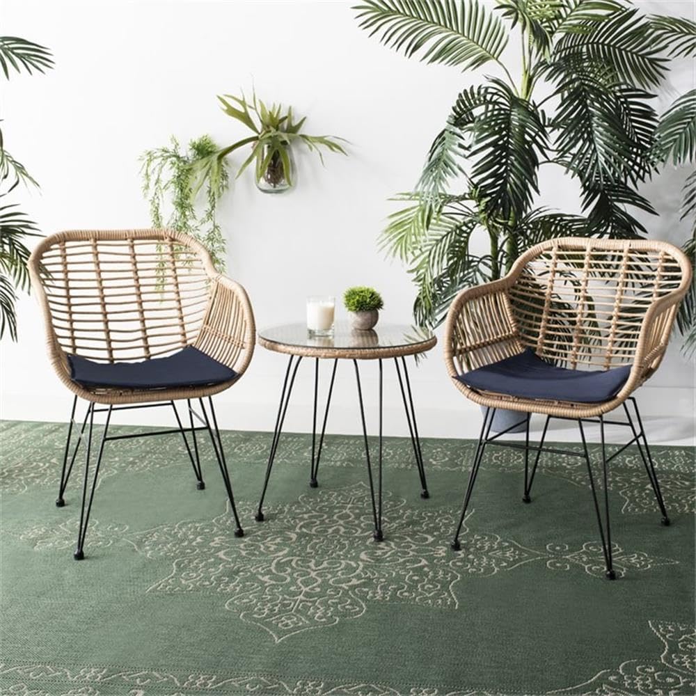 Pemberly Row 3 Piece Rattan Conversation Set, Brown and Navy Finish, Outdoor Patio Furniture, Durable Design, Comfortable Seating for Backyard or Garden Use