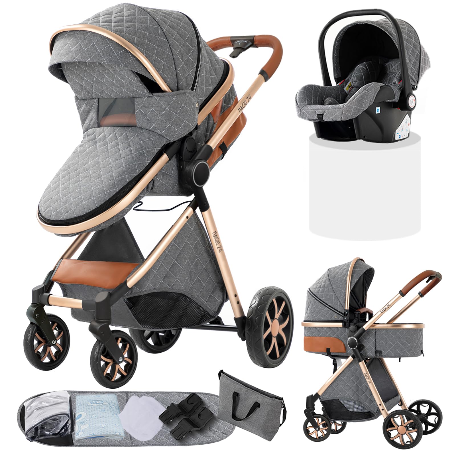 Wózek dziecięcy kombi 3 w 1, dwukierunkowy z podporą, regulowany 105-180°, łatwe składanie, 4 koła (YV9-GREY)