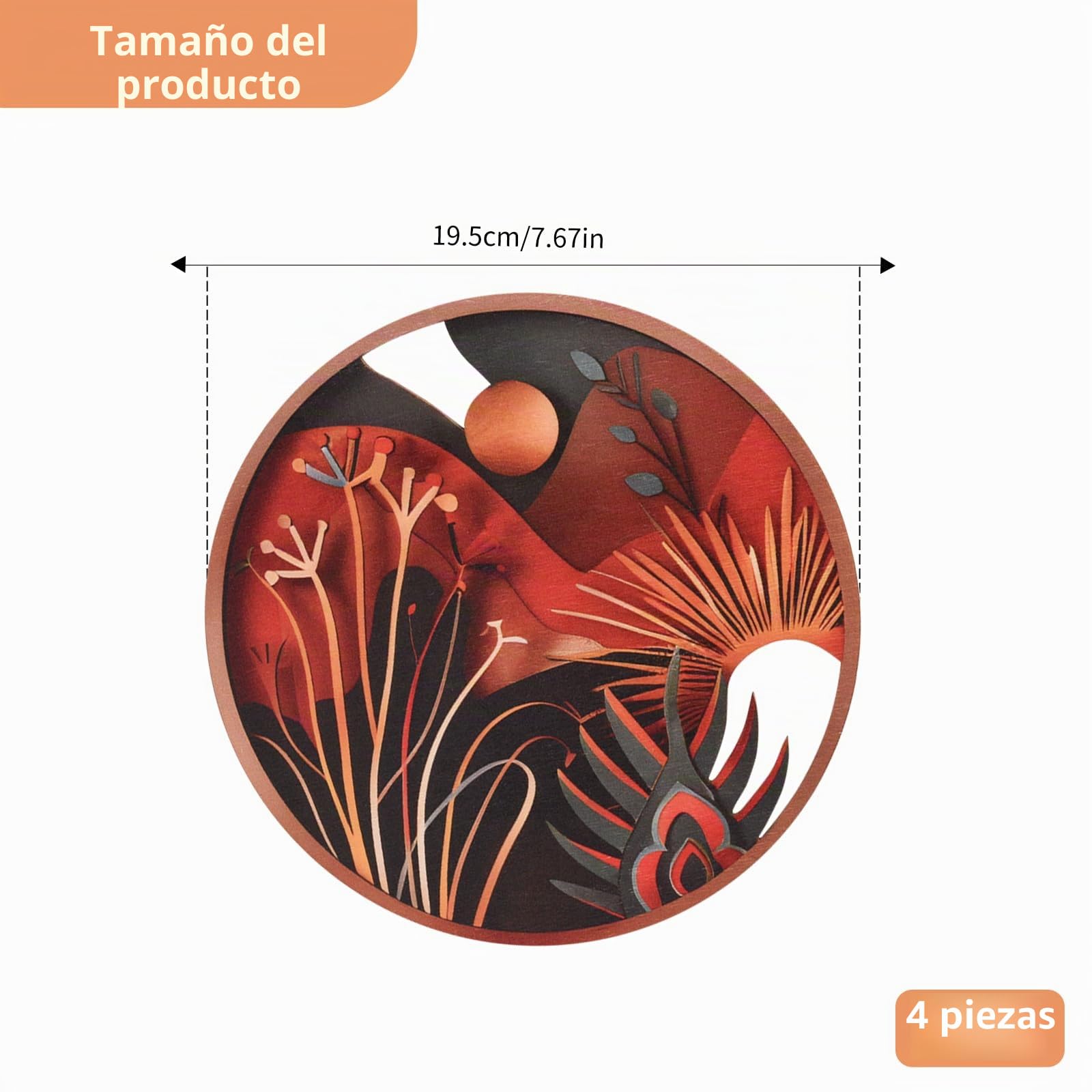 Qaixwuyi Juego de 4 piezas de decoración de pared estilo boho, arte geométrico de madera, decoración rústica redonda moderna con reverso autoadhesivo para sala de estar y dormitorio