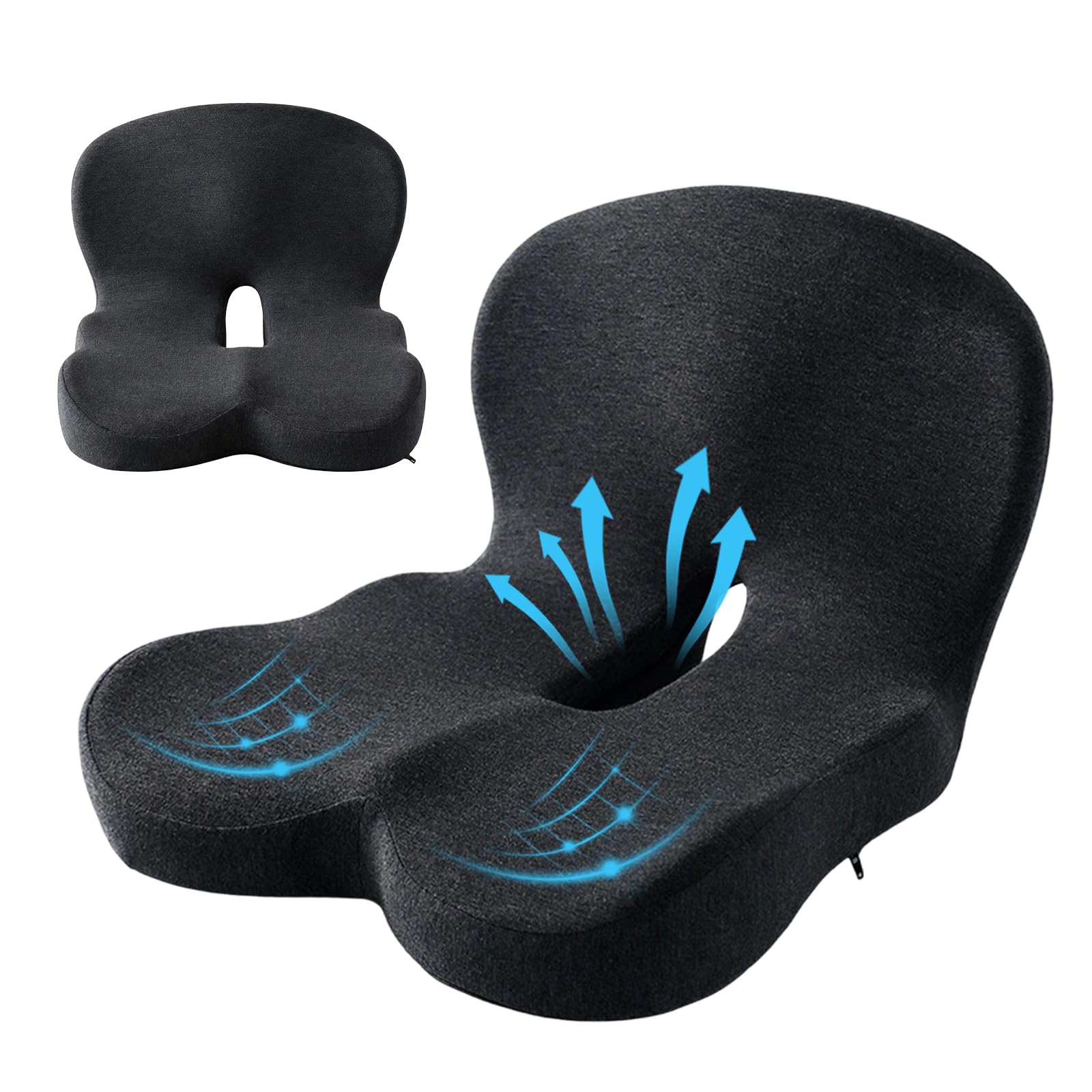 Cuscino Ortopedico con Schienale, Cuscino Integrato a Forma di L | Memory Foam e Poliestere, Per Sedia Ufficio e Auto, Fodera Lavabile, Supporto Lombare, Grigio