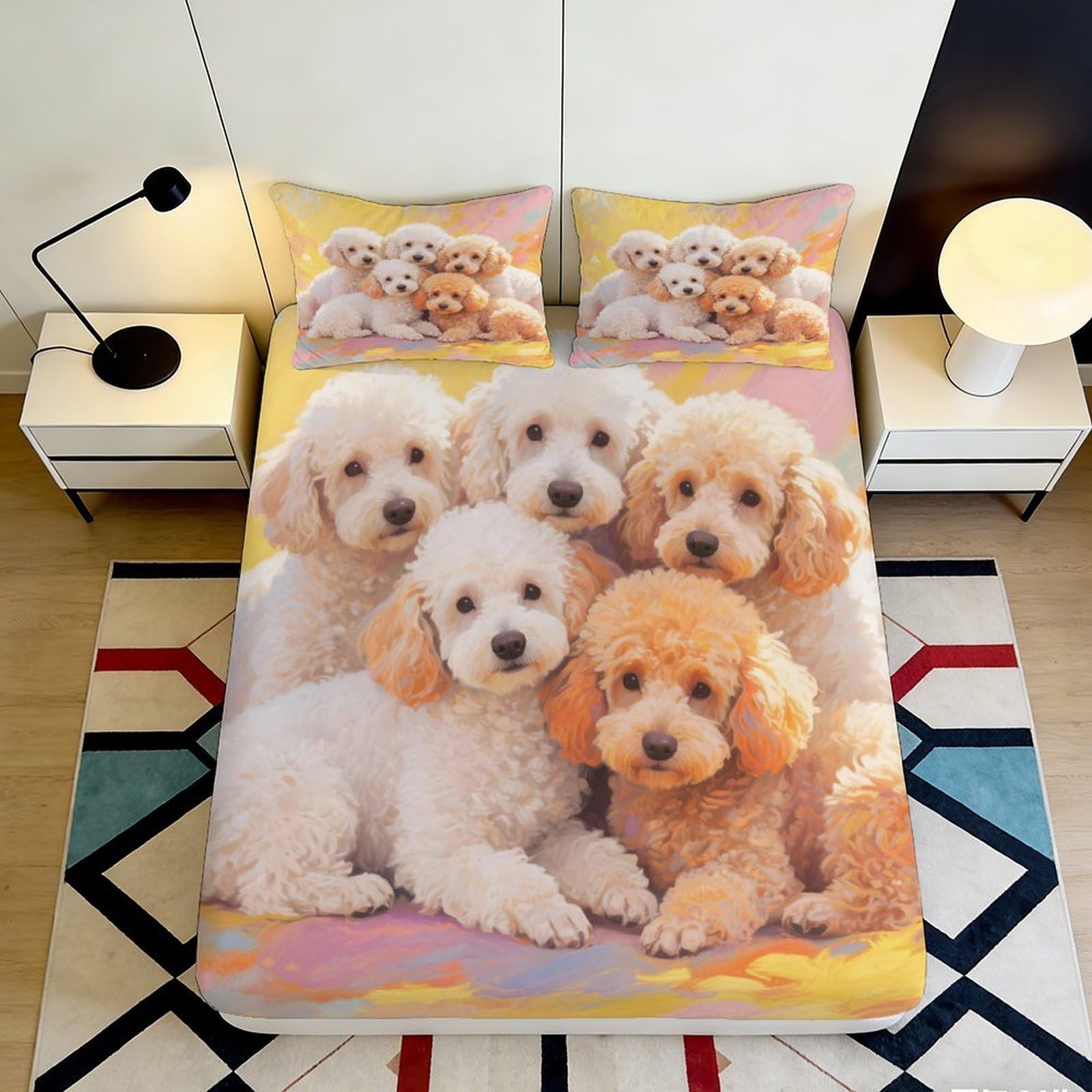 3D Printed Poodle Puppy Fitted Sheet Microfiber Non-Slip Bed Cover Cute Dog Pattern for Bedroom Guest Room Decor 90x200x25cm