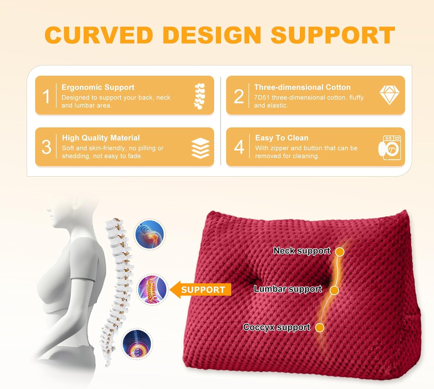 Large Triangular Headboard Wedge Pillow Soft and Supportive Headboard Backrest Positioning Support Bolster Cushion, Bed Wedge Pillow with Removable Cover(Wine Red,Twin,39x8x20inch)