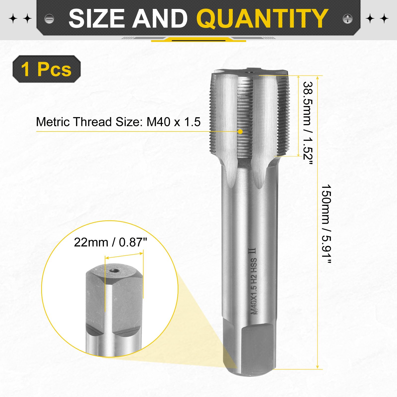 sourcing map Tappo a mano M40 x 1,5 H2 filettatura metrica Spina Maschi Stile Flauto dritto Vite Tapping Strumento Filettatura Acciaio ad alta velocità HSS6542