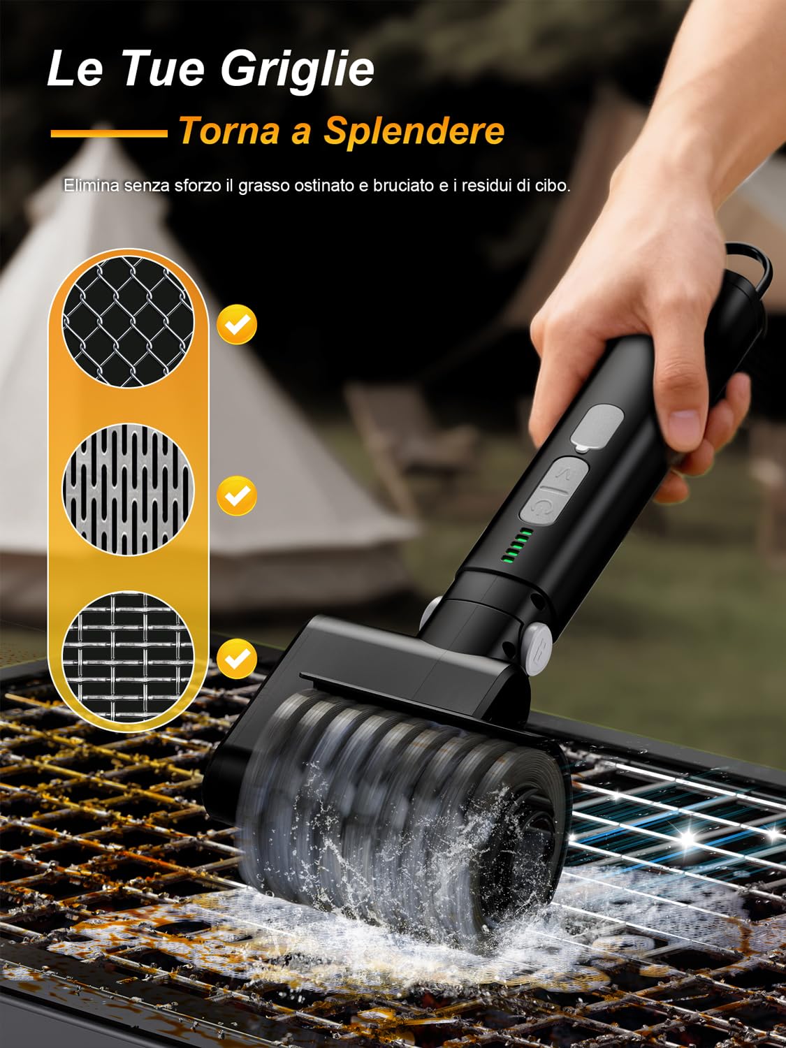 Spazzola Elettrica per Grill, Ricaricabile Senza Fili, 3 Velocità, 2 Testine e Tampone Abrasivo