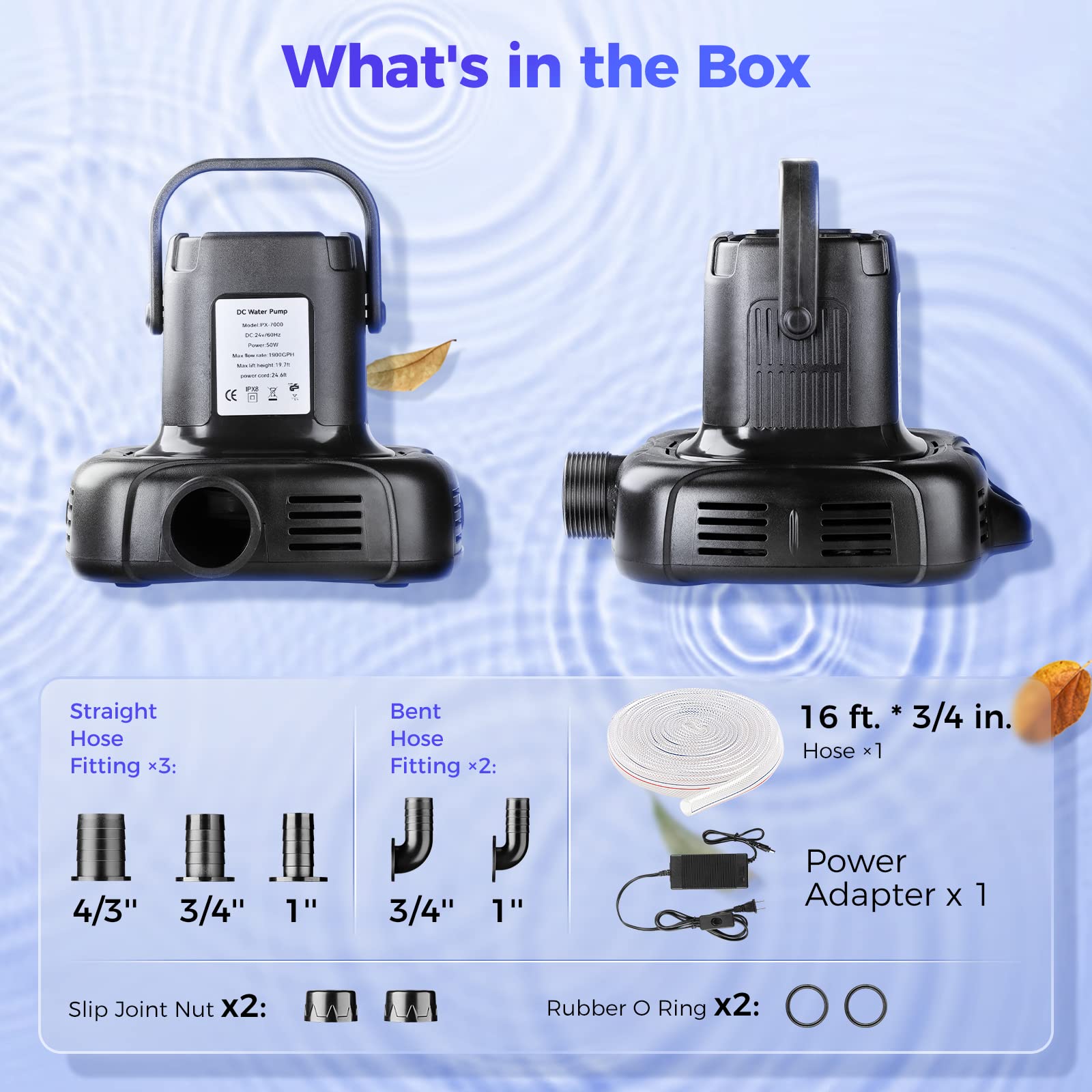 Pool Cover Pump - 1900 GPH, Automatic Submersible Pump with 28' Power Cord and 16' Drain Hose, Above Ground Pool Pump Cover for Swimming Pool, Hot Tubs, Water Beds, Pond, 5 Adapters