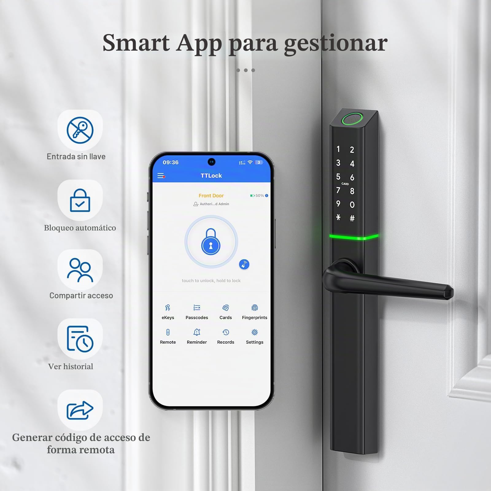 Ruveno Cerradura de puerta inteligente resistente a la intemperie con asa: entrada sin llave de huellas dactilares - Cerradura de puerta de código digital para puerta de madera de aluminio - Cerrojo