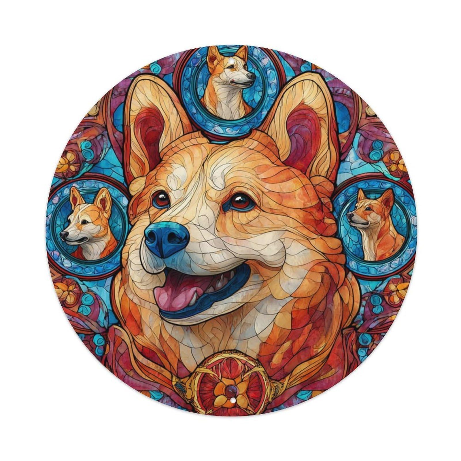 Stained Glass Corgi Dog Pet Lover Decor Plaque Vintage Aluminium Metal Sign, Retro Wall Decor for Home, Bar, Garage & Farmhouse 20x20cm