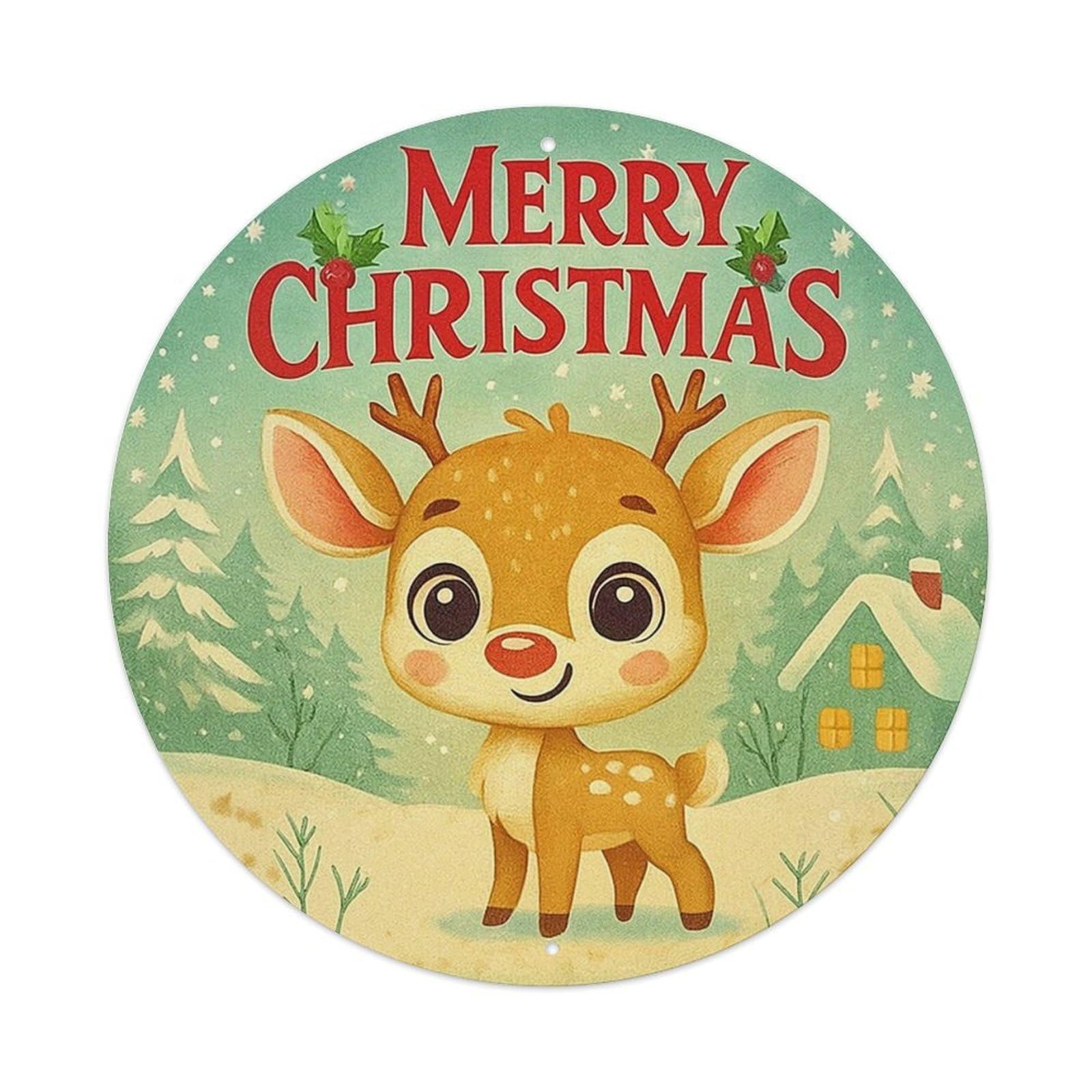 Merry Christmas Cute Reindeer Winter Scene Tin Sign Metal Poster Vintage Metal Signs for Home Man Cave Bar Cafe Kitchen laundry room Wall Decorations 8x8 inches