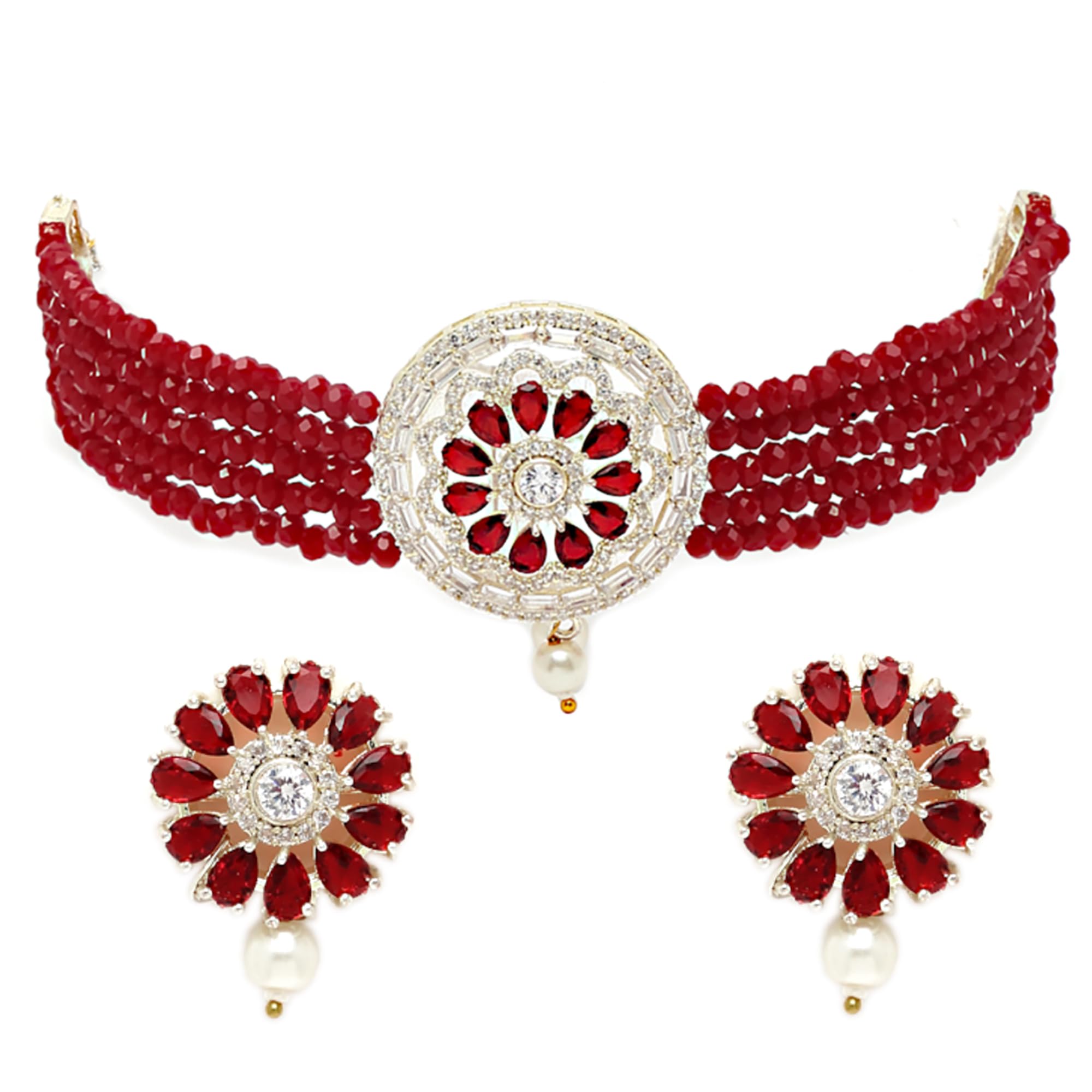 ZENEME Oxidized Silver-Plated American Stone-Studded Pearl-Beaded Necklace Set With Earring Jewellery Set (Dark Red) (B0B5V1974G) Amazon Price History, Amazon Price Tracker