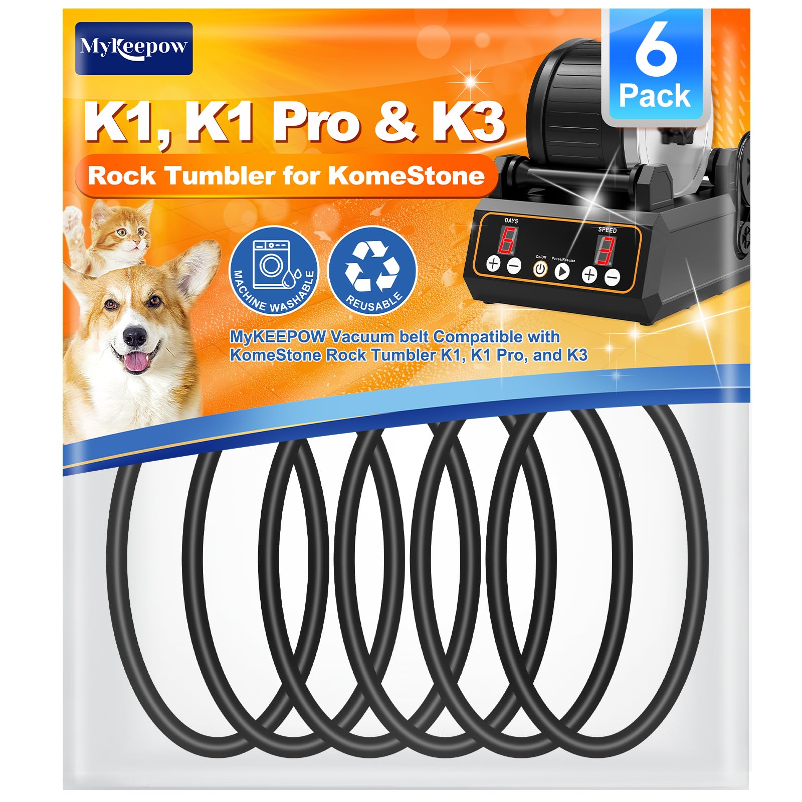 MyKEEPOW 6 Pack Rock Tumbler Belts Compatible with KomeStone Rock Tumbler Model K1 & K1 Pro & K3(Not fit for K2 Elite)