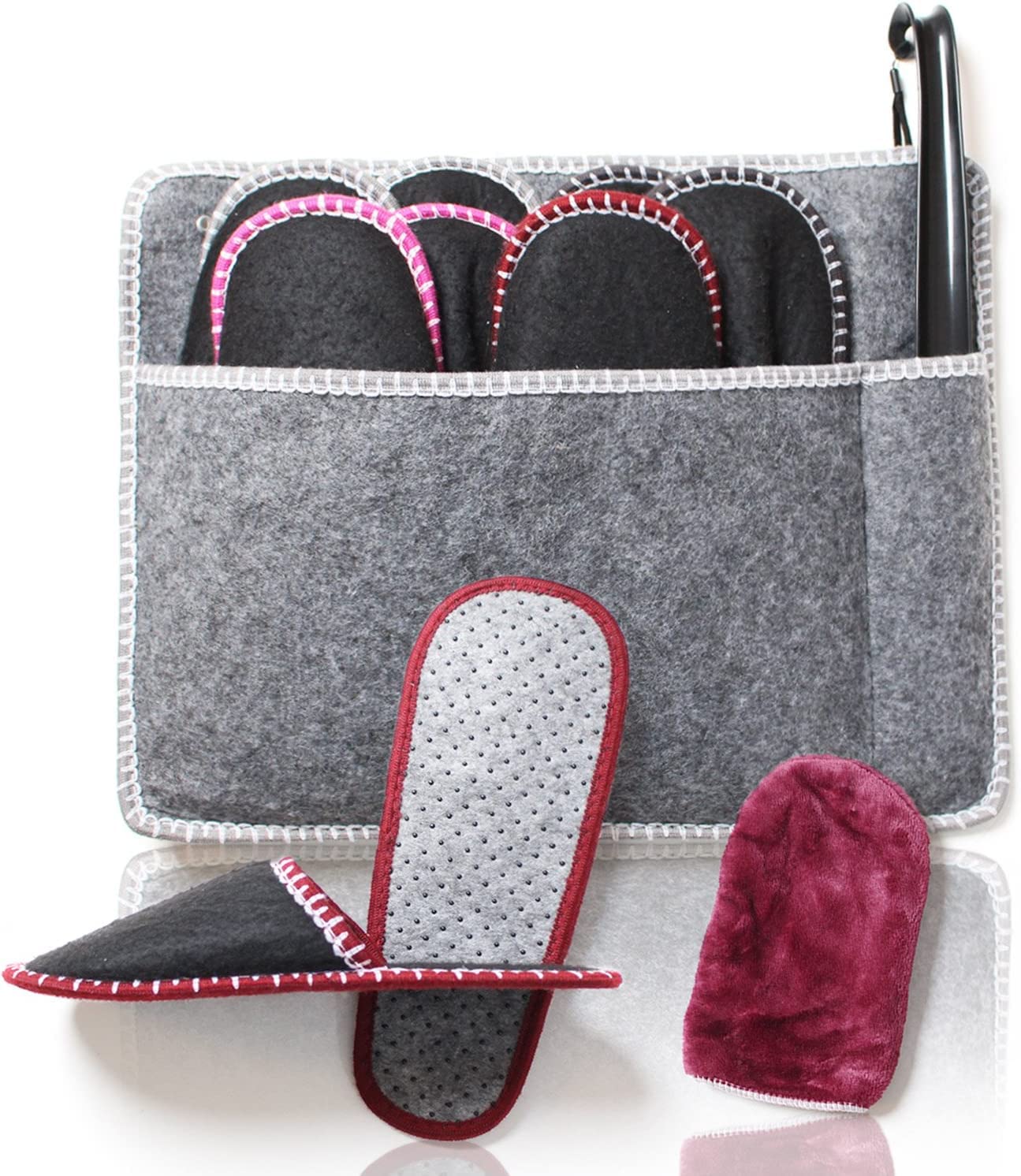Amazy Set di 8 Paia di Pantofole per Ospiti in Feltro con Suola Antiscivolo - Incluse Borsa Portaoggetti, Calzascarpe e Panno - Pantofole Unisex per Uomo e Donna in Diverse Misure da 38 a 48