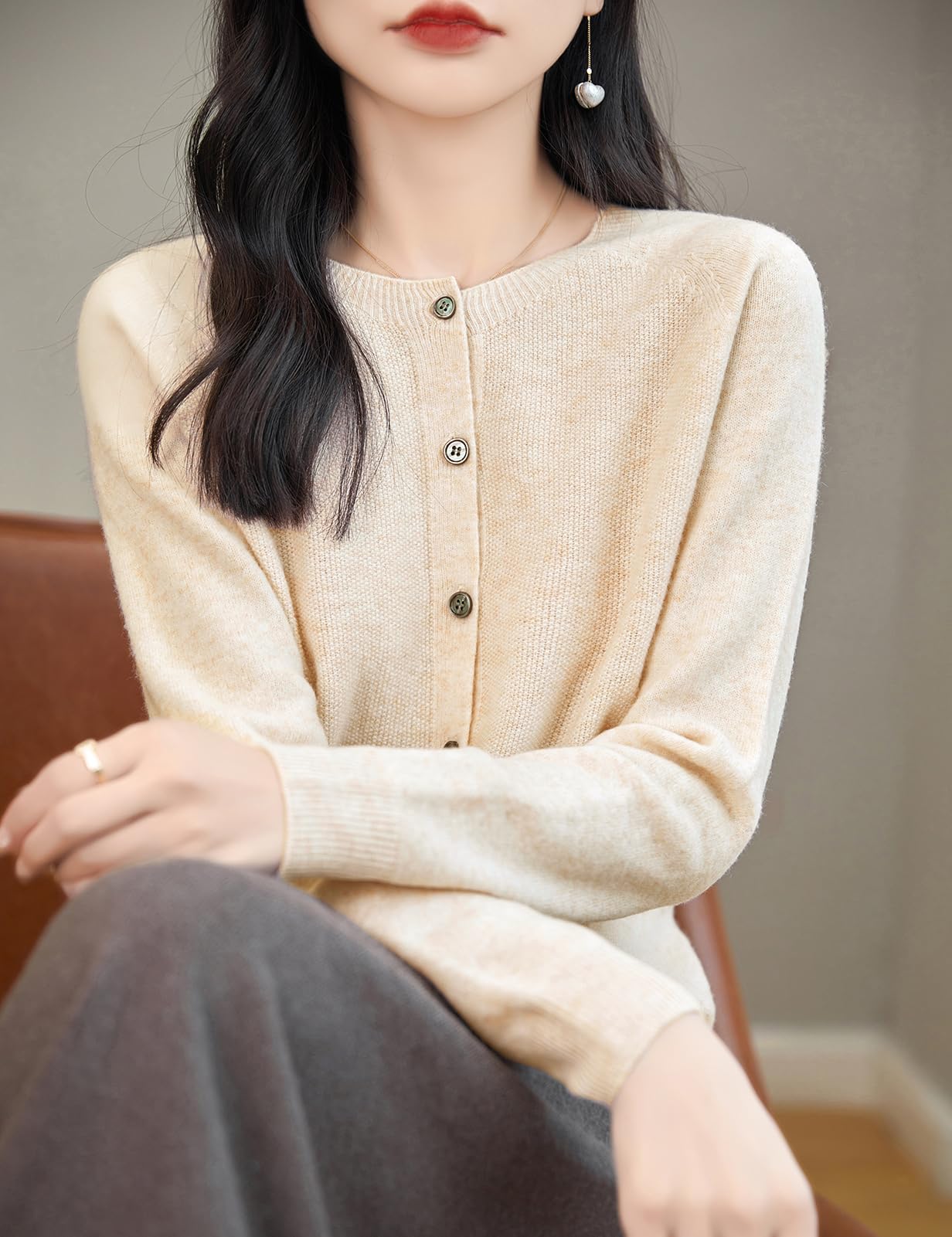Chanyarn Cardigan Girocollo da Donna 100% Lana Merino Primavera Maniche Lunghe Senza Cuciture Maglia Cardigan Maglione
