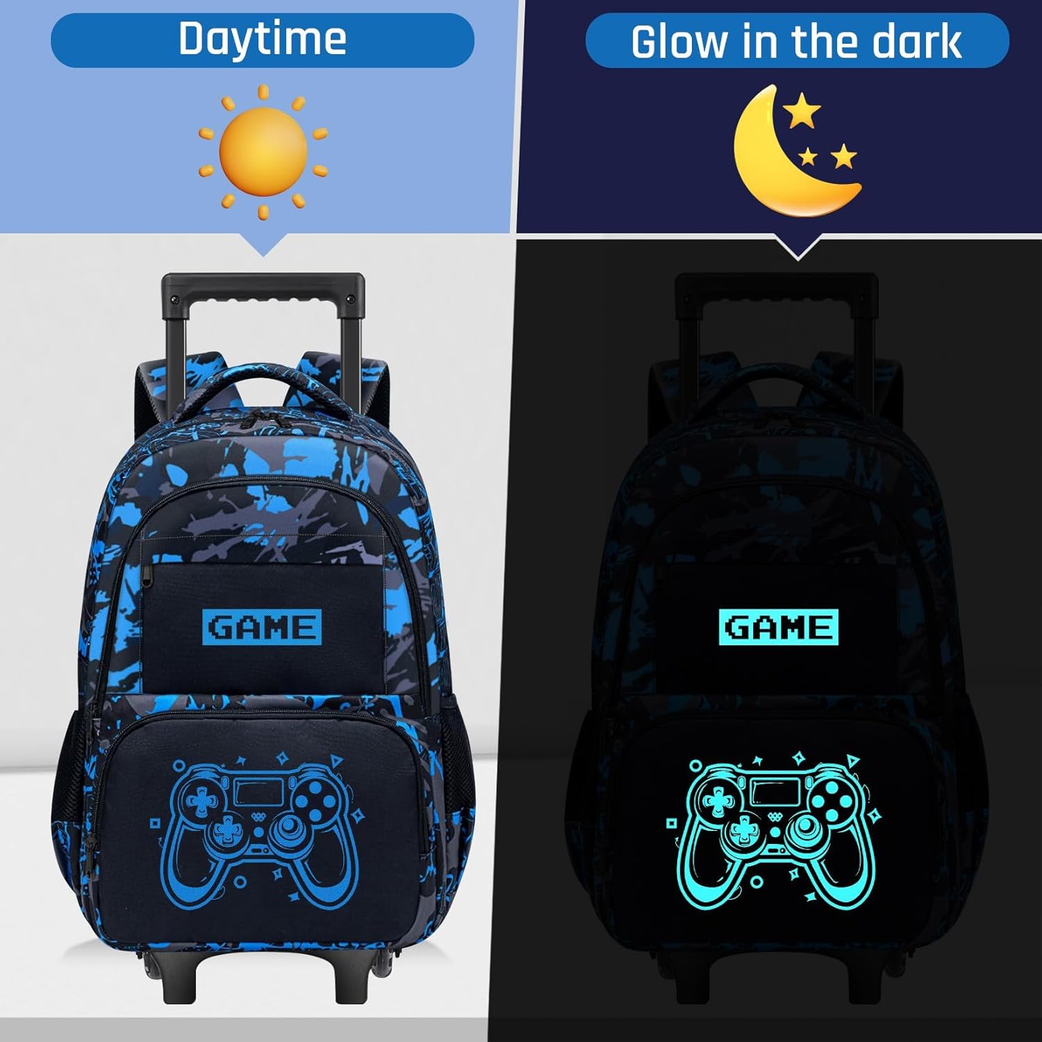 Boys Rolling Backpack for Kids - Glow in The Dark Kids Rolling Backpack with Wheels for Elementary Middle School - Gamer Roller School Bookbag Aged 6-18, Wheeled Travel Bag Large Capacity