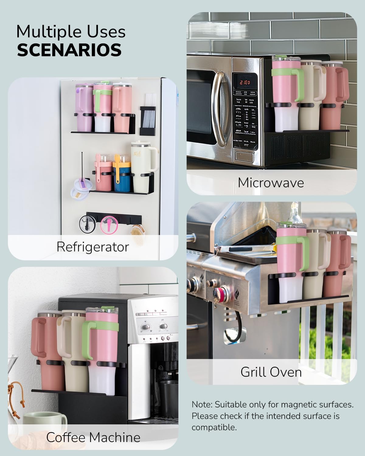 HAMARA Fiber-Steel Magnetic Stanley Cup Holder for Fridge – 5-Piece Tumbler & Lid Organizer Set with Straw Rack & Hook Rail, Water Bottle Storage, Stanley Cup Accessories for Kitchen & Pantry - Image 7