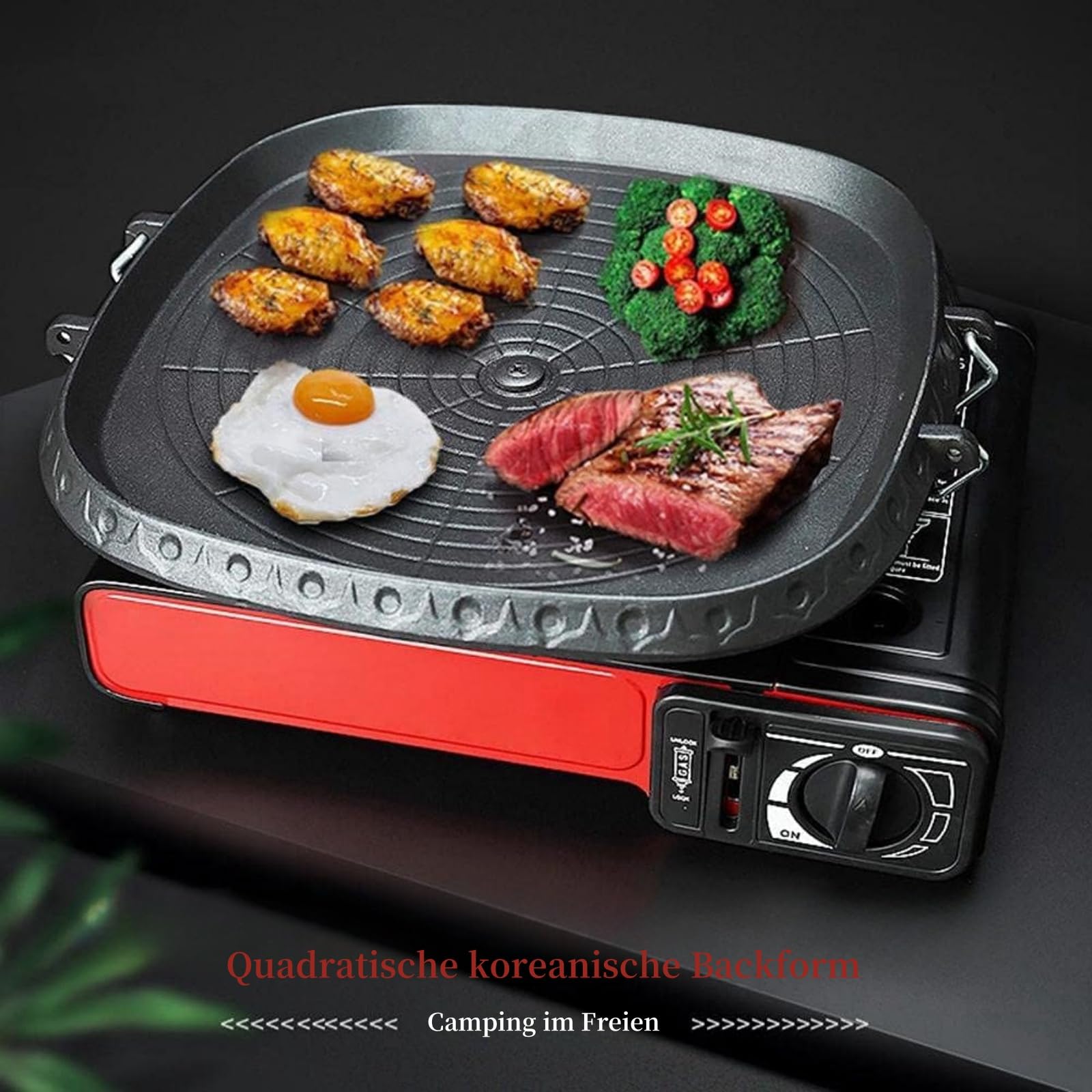 Quadratische Grillpfanne,Gaskocher grillplatte, Grillaufsatz gaskocher camping，Antihaftbeschichtet, Innen- und Außen Grillplatte campingkocher