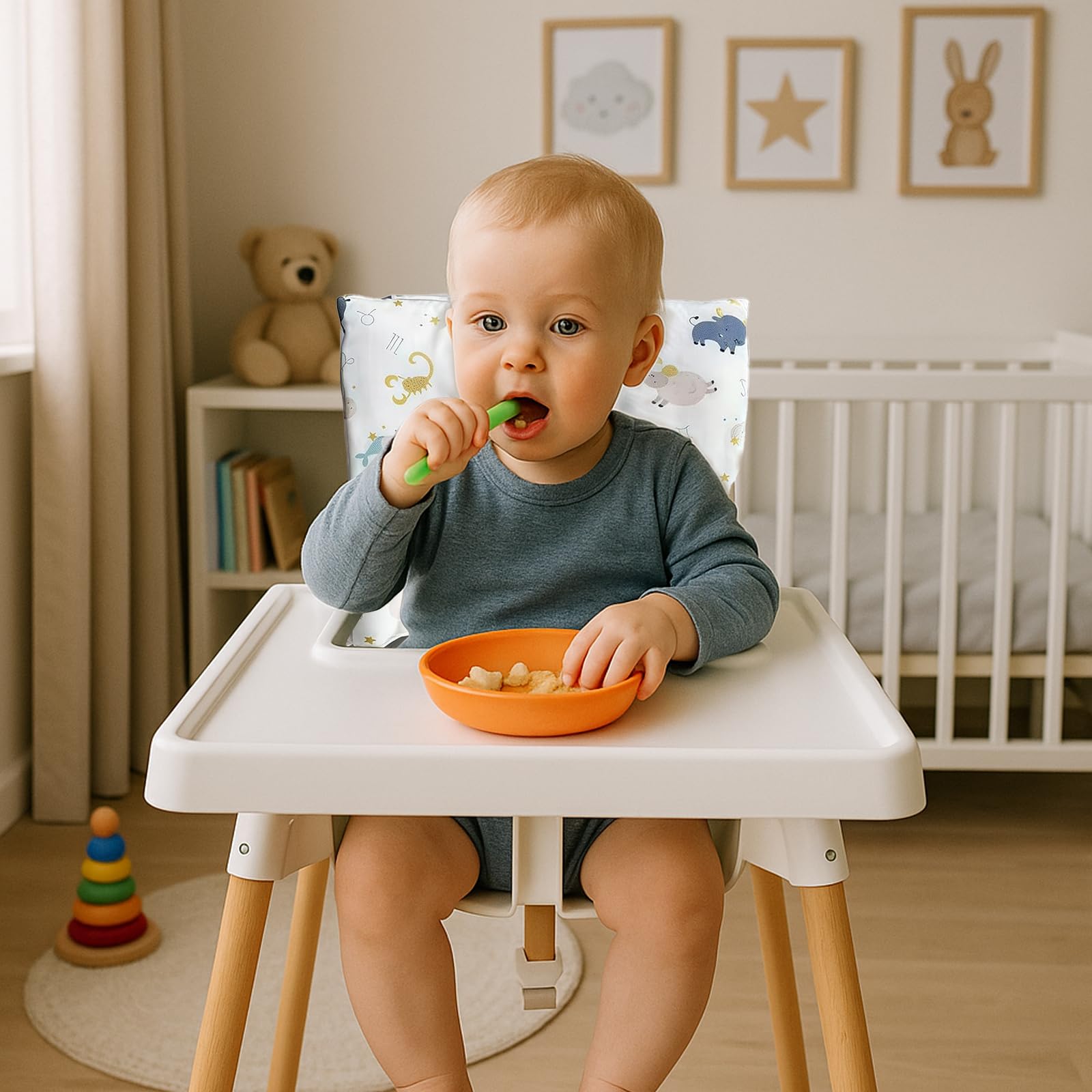 Cuscino per seggiolone Stokke Tripp Trapp, set da 2 pezzi in cotone biologico con rivestimento laminato impermeabile, facile da pulire e rimovibile, lavabile in lavatrice (animali marini)