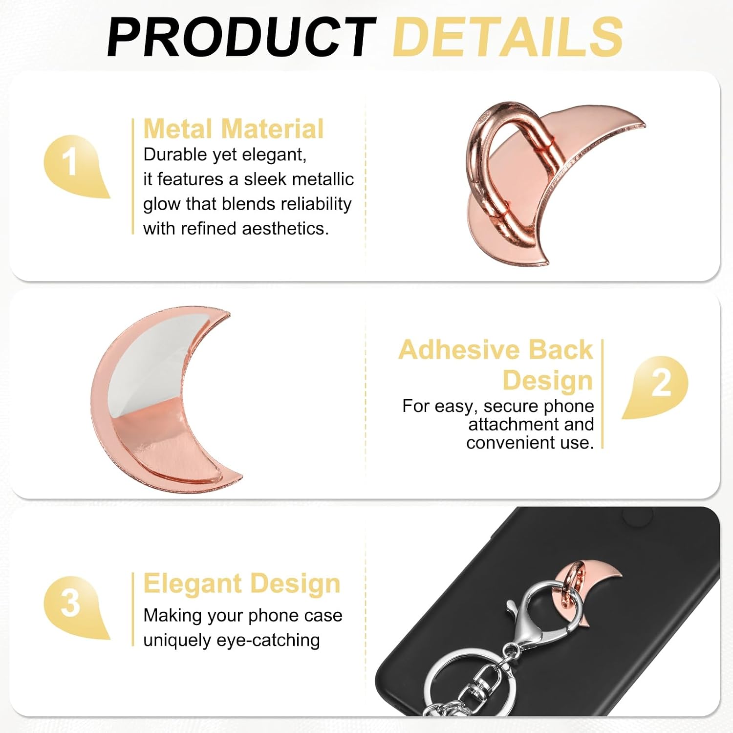 PATIKIL Metal Phone Charm Hook 1", 12Pcs Adhesive Moon Shaped Phone Finger Grip Hook Smartphones Keychain Ring Charm Loop for DIY Tablet Case Accessories, Rose Gold